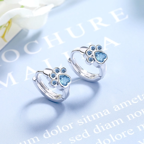 Boucles d'Oreilles à Fermoir Patte de Chat en Strass Bleu Coeur pour Femmes Bijoux en Cuivre Argenté