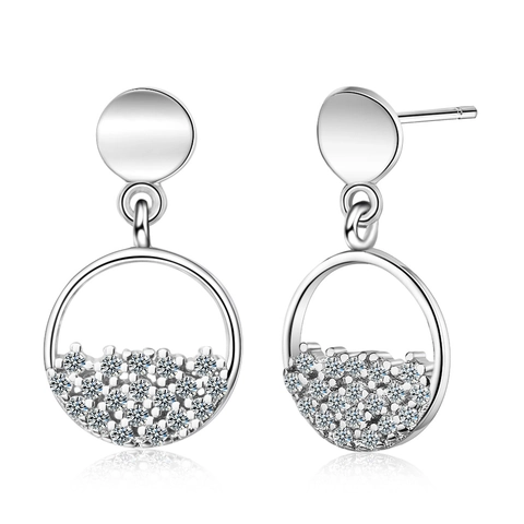 Women Fashion Round Geometric Copper Stud Earrings White Gold Plated Inlaid Rhinestone Temperament Jewelry Gift