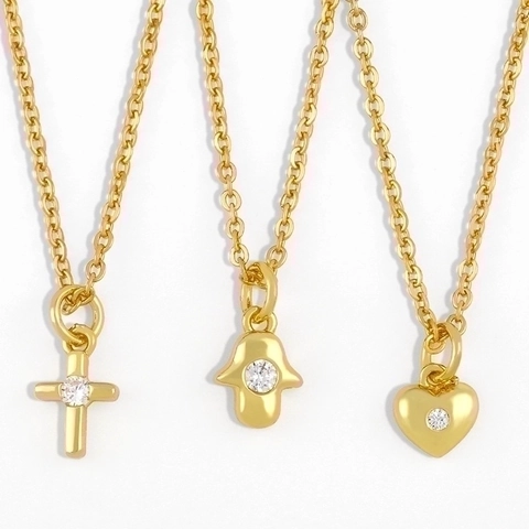Zierliche Anhänger Halskette 18K Vergoldetes Kupfer Zirkon Kreuz Herz Schloss Schlüssel Hamsa Hand Minimalistischer Schmuck Damen