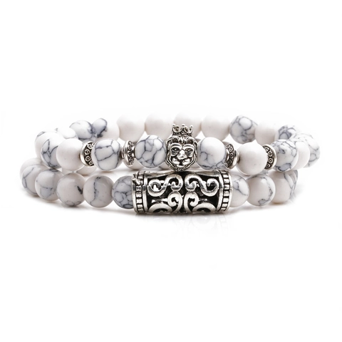 Vintage Witte Turkoois Kralen Armband Set Met Koperen Leeuwenkop Uil Boeddha Schedel Bedels Elastische Strand Armband Unisex Sieraden