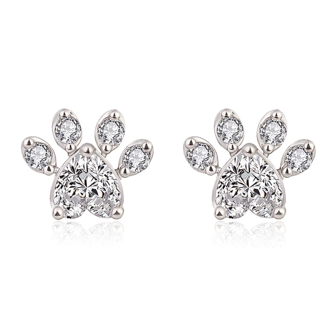 Heart Cubic Zirconia Cat Paw Stud Earrings Copper Sweet Animal Jewelry With Silver Earring Post