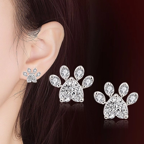 Heart Cubic Zirconia Cat Paw Stud Earrings Copper Sweet Animal Jewelry With Silver Earring Post