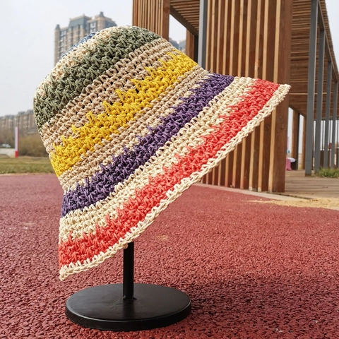 Cappello Da Pescatore In Paglia All'Uncinetto Fatto A Mano Da Donna Cappello Da Sole Estivo Pieghevole A Righe Colorate