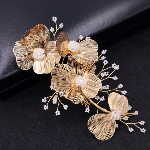 Handgefertigter Goldener Floraler Brauthaarschmuck Mit Kunstperle Und Strass Eleganter Hochzeitsschmuck Für Frauen