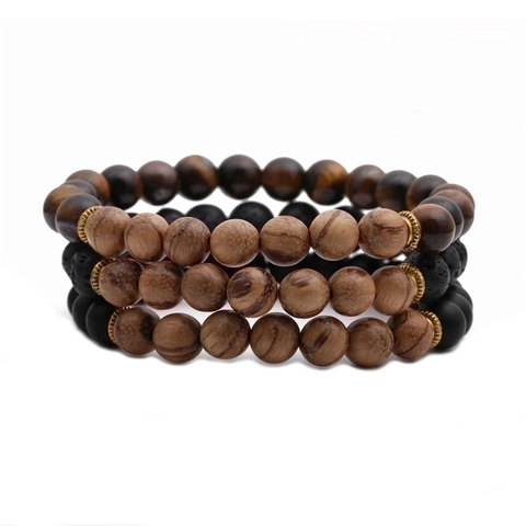 Pulsera de Cuentas de Madera de Wengué Natural Ojo de Tigre Piedra de Lava Vintage Hecha a Mano Elástica Joyería