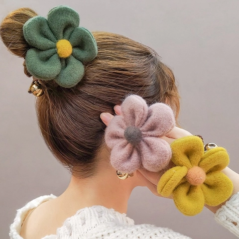 Elastico Per Capelli Con Fiore In Feltro Di Lana Supporto Coda Di Cavallo Corda Elastica Con Campanellino Decorativo Donna