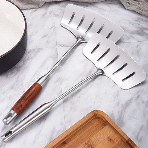 Spatule À Poisson Rainurée En Acier Inoxydable 304 Avec Manche En Bois De Rose Longue Pelle À Frire Pour Steak Œuf Cuisine