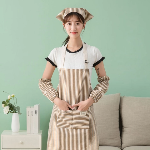 Delantal De Cocina De Algodón Y Lino Con Manguitos Y Pañuelo Rayado Ajustable Bolsillo Frontal Resistente Al Aceite Hogar