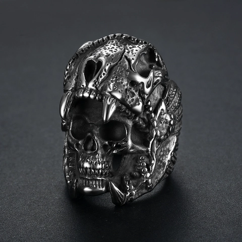 Skull Ring Stainless Steel Double Layer Gothic Punk Biker Vintage Retro Band Rings For Men