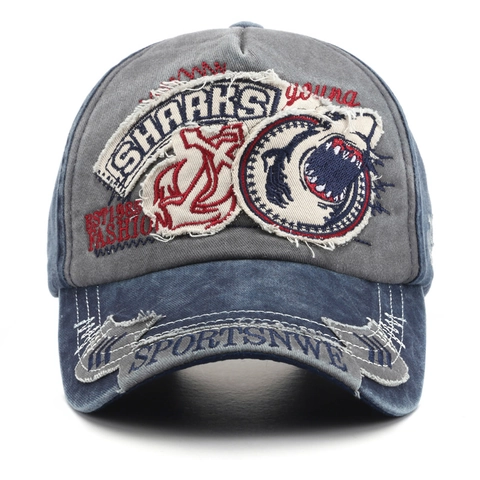 Vintage Washed Cotton Baseball Cap Shark Embroidery Distressed Patchwork Unisex Streetwear Adjustable Sun Hat