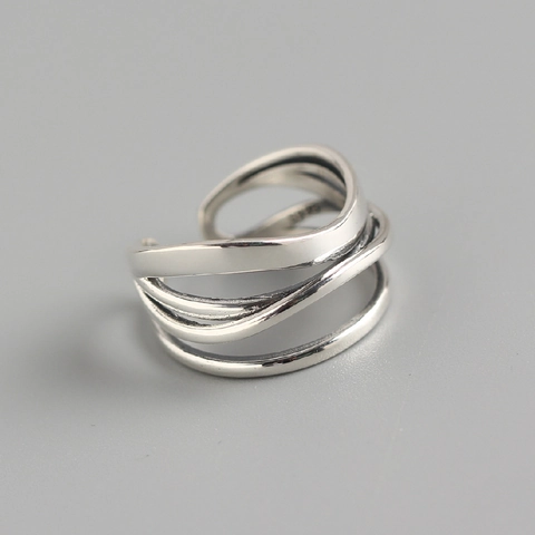 925 Sterling Silver Adjustable Ring For Women Irregular Multi Layer Winding Lines Retro Vintage Minimalist Jewelry