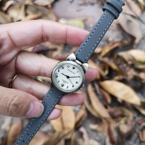 Vintage Bronze Cat Ear Quartz Watch Fashion Student Faux Leather Strap Round Dial Analog Wristwatch For Women Casual Jewelry