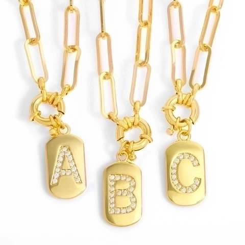 Initial Letter Pendant Necklace 18K Gold Plated Copper Rectangular Tag CZ Paperclip Chain Hip Hop Retro Jewelry Women