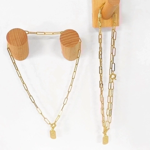 Initial Letter Pendant Necklace 18K Gold Plated Copper Rectangular Tag CZ Paperclip Chain Hip Hop Retro Jewelry Women