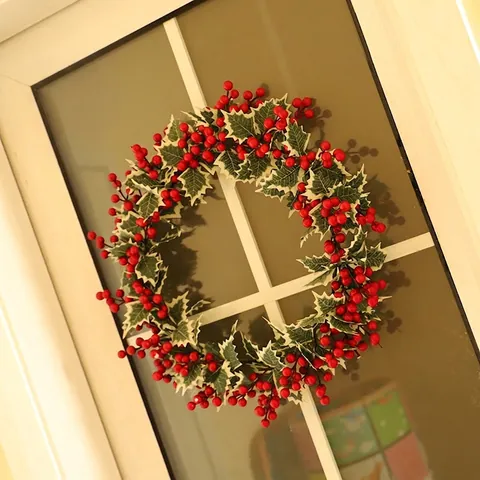 Weihnachts Kranz Rote Beeren Weißer Rand Blätter Künstliche Stechpalme Girlande Für Wand Tür Dekoration Ornament