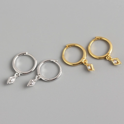 925 Sterling Silver Rhombus Hoop Earrings Cubic Zirconia Diamond Shape Dangle Huggies Minimalist Geometric Jewelry For Women