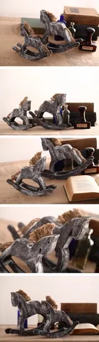 Vintage Hand-Carved Solid Wood Rocking Horse Figurine Pair Distressed Wooden Animal Ornament For Home Office Decor Gift