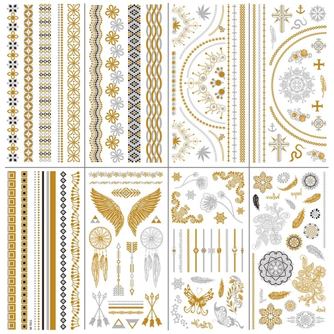 Tatouages Temporaires Métalliques Or Argent Autocollants De Tatouage Imperméables Géométriques Plume Mandala Style Bohème Pour Femmes Fête