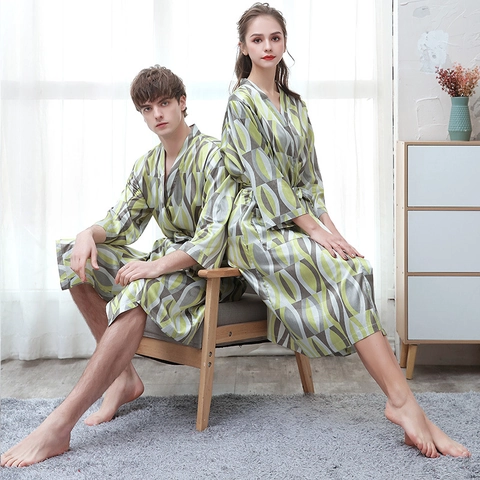 Couple Satin Bathrobe Faux Satin Nightgown Digital Print Belted V Neck Loungewear Summer Sleepwear For Men And Women Elegant