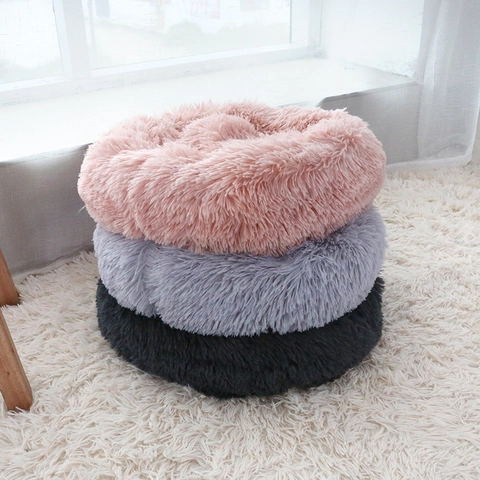 Round Donut Pet Bed Long Plush Soft Warm Washable Nest For Cats And Small Medium Dogs Indoor Cozy Non-Slip Bottom