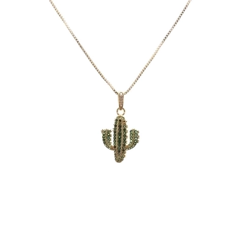 Western Style Copper Cactus Pendant Necklace With Micro Pave Zirconia Jewelry For Women Men Gold Color Box Chain Gift