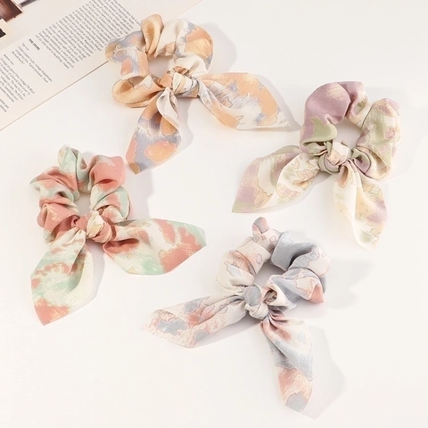 Korean Style Colorful Tie-Dye Marble Print Scrunchies With Long Ribbon Bow Elegant Cloth Hair Ties For Women Girls