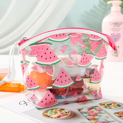Transparent PVC Makeup Bag Waterproof Cartoon Watermelon Print Portable Travel Cosmetic Storage Organizer Zipper Pouch