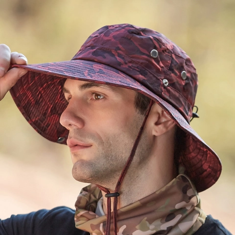 Camouflage Outdoor Sun Protection Bucket Hat For Men Women Wide Brim Boonie Hat Polyester Breathable Fishing Hiking Hat Adjustable String