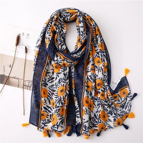 Boho Floral Print Scarf Shawl With Tassels Cotton Linen Feel Polyester Retro Paisley Sun Protection Beach Wrap For Women
