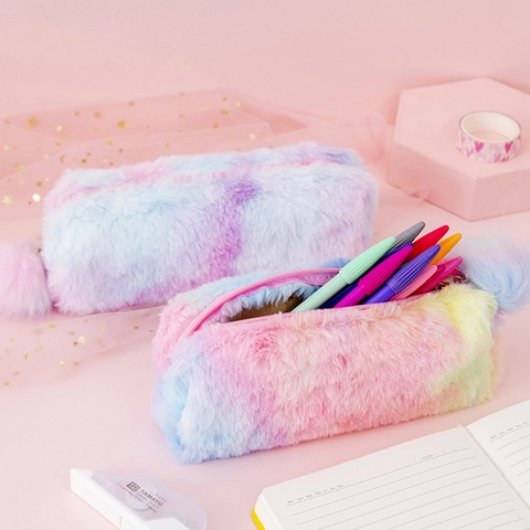 Plush Pencil Case Rainbow Tie-Dye Gradient Color Zipper Storage Pouch With Pom Pom For Girls Students Cute Stationery
