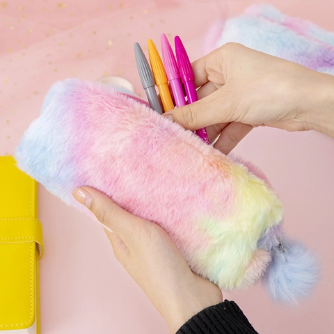 Plush Pencil Case Rainbow Tie-Dye Gradient Color Zipper Storage Pouch With Pom Pom For Girls Students Cute Stationery