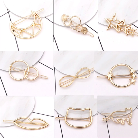 Geometrische Metalen Haarclips Set Holle Ster Maan Kat Vorm Minimalistisch Goud Zilver Legering Haarpelden Voor Dames Meisjes