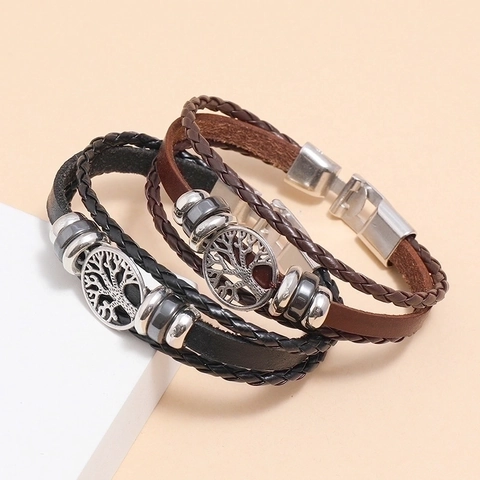 Pulsera De Cuero Tejido De Varias Capas Para Hombre Árbol De La Vida Retro Tótem Cuentas De Aleación Joyería Punk Vintage