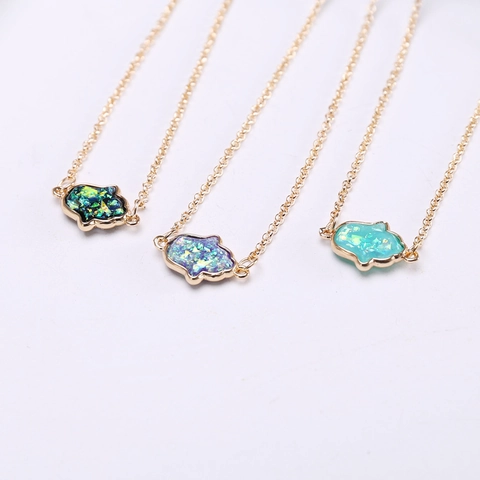 Vintage Hamsa Hand Anhänger Halskette Damen Bohemian Edelstahlkette Kupfer Opal Schmuck