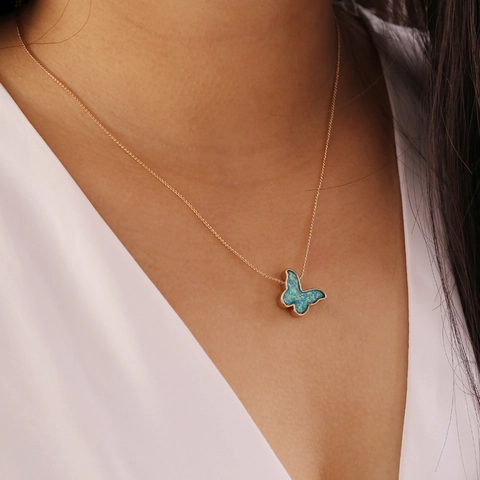 Collana Pendente Farfalla Lega Placcata Oro Resina Glitterata Colorata Gioielli Animali Per Donna Regalo Elegante Quotidiano