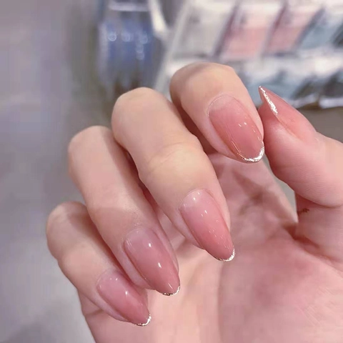 French Almond Press On Nails Nude Pink Gradient Gold Glitter Edges Glossy Artificial Fake Nail Tips With Glue
