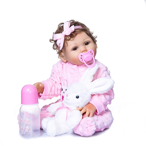 Realistic Reborn Baby Doll Full Body Silicone Waterproof Lifelike Newborn Girl Toy With Rabbit Plush Milk Bottle Pink Outfit