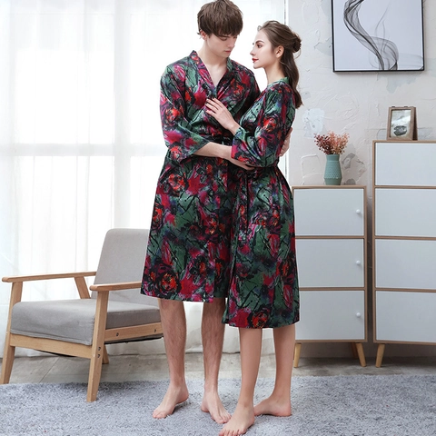 Couple Satin Bathrobe Faux Satin Nightgown Digital Print Belted V Neck Loungewear Summer Sleepwear For Men And Women Elegant
