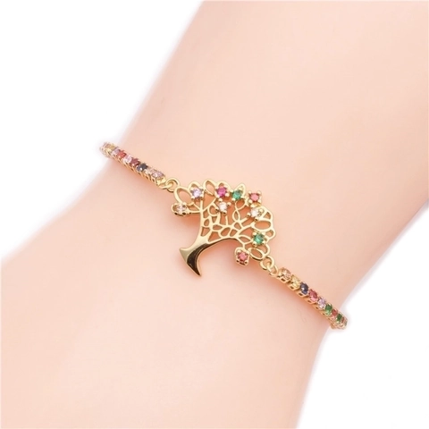Tree Of Life Bracelet Copper Micro-Pave Zircon Colorful Box Chain Red String Adjustable Boho Jewelry Gift For Women
