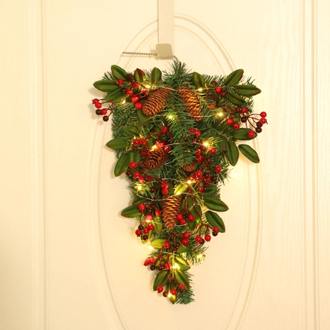 Christmas Teardrop Swag Pine Cone Red Berry Upside Down Tree Artificial Hanging Wall Door Decor Festive Ornament