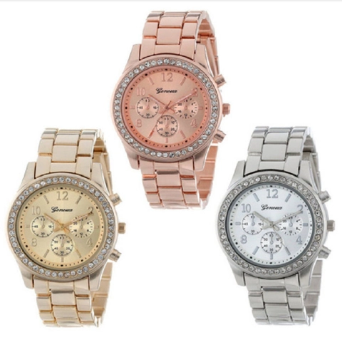 Women Quartz Watch Elegant Rhinestone Bezel Alloy Case Stainless Steel Link Strap Fashion Casual Analog Wristwatch