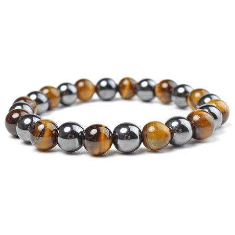 Tiger Eye Stone And Magnetic Hematite Beaded Bracelet Elastic Round Stone Beads Fashion Jewelry For Men And Women