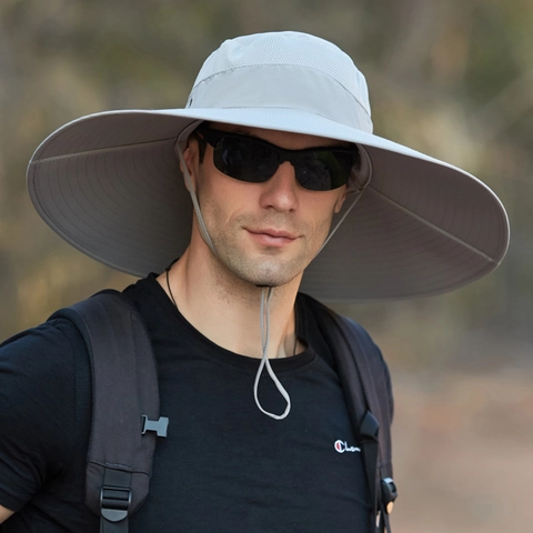 Men Wide Brim Sun Hat Waterproof Nylon Breathable Mesh Outdoor Hiking Fishing Bucket Hat Adjustable Chin Strap