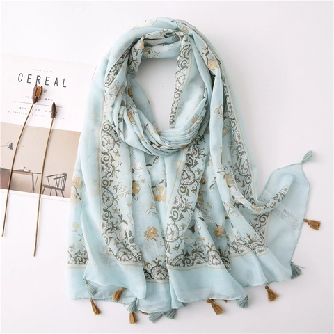 Women Floral Print Scarf Large Cotton Linen Feel Sunscreen Shawl Beach Wrap Ethnic Style With Tassels