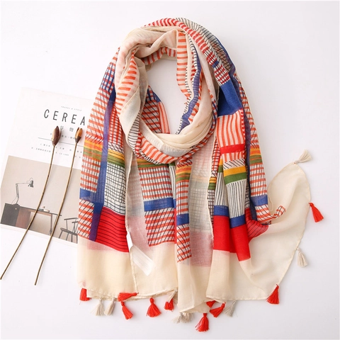 Sciarpa Scialle Donna Retro Stampa Righe Geometriche Lungo Sottile Nappina Protezione Solare Spiaggia Leggero Traspirante