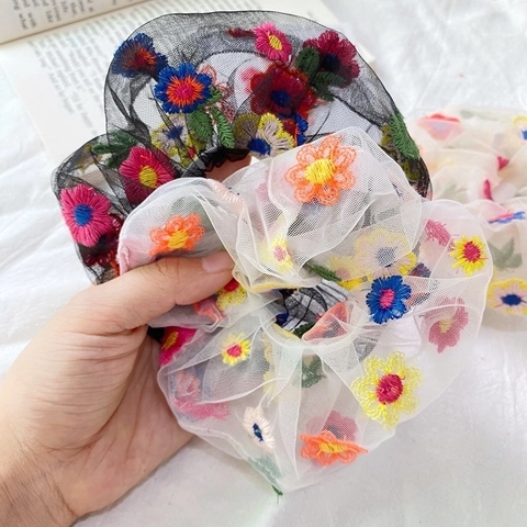 Scrunchie In Rete Ricamata Floreale Grande Elastico Per Capelli Organza Porta Coda Cavallo Accessori Per Donne Ragazze