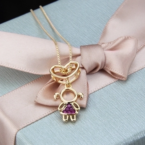 Collar Con Colgante De Corazón Niño Niña Cobre Chapado En Oro Con Circón Colorido Joyas Familia Niños Regalo Mujeres