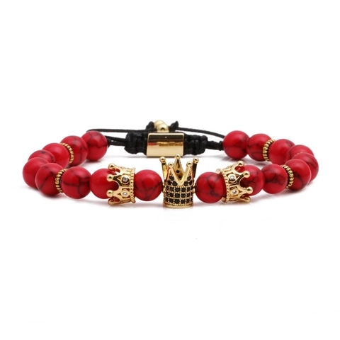 Bracciale Di Perline Corona Pietra Naturale Ematite Turchese Rosso Pendente Rame Gioielli Elastici Intrecciati Uomo Donna