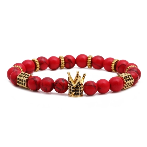 Bracciale Di Perline Corona Pietra Naturale Ematite Turchese Rosso Pendente Rame Gioielli Elastici Intrecciati Uomo Donna