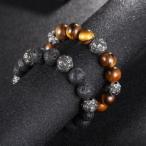 Pulsera De Cuentas Para Hombre Ojo De Tigre Piedra Volcánica Acero Inoxidable Mantra Estilo Etnico